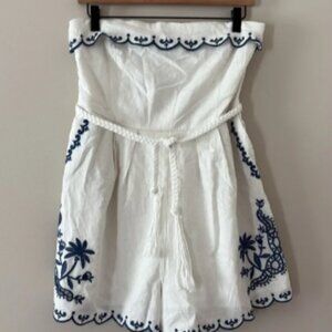 Caroline Constas Linen Blend Romper Embroidered Scallop Design Tie Waist Blue S